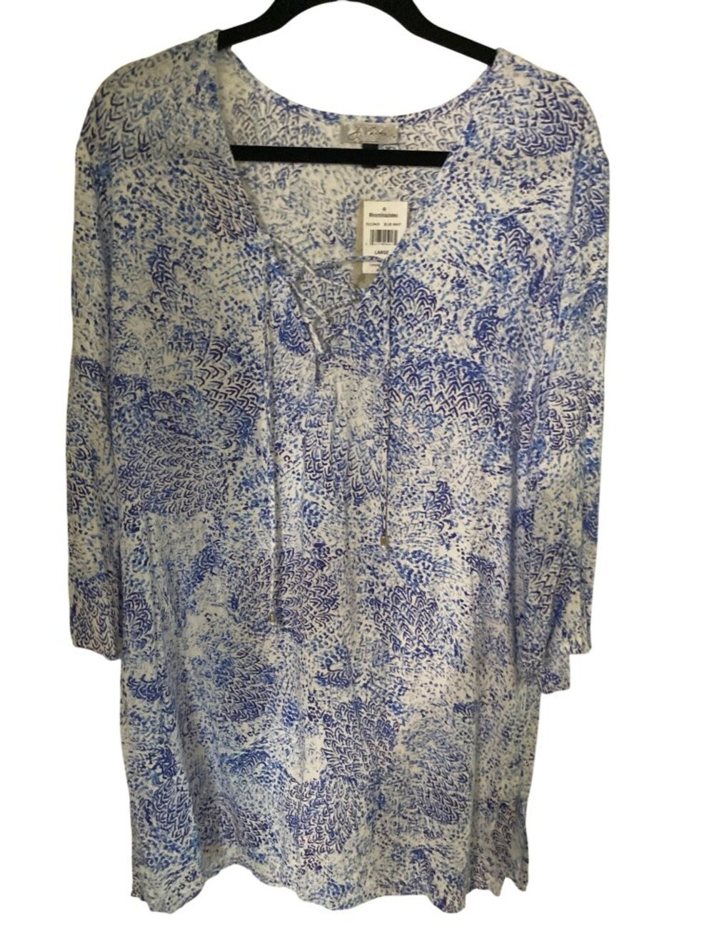 J Valdi Women's Long Sleeve Blue and White Print Lace Coverup Large NWT